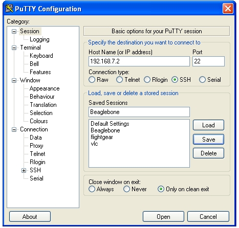 Putty configurado para SSH